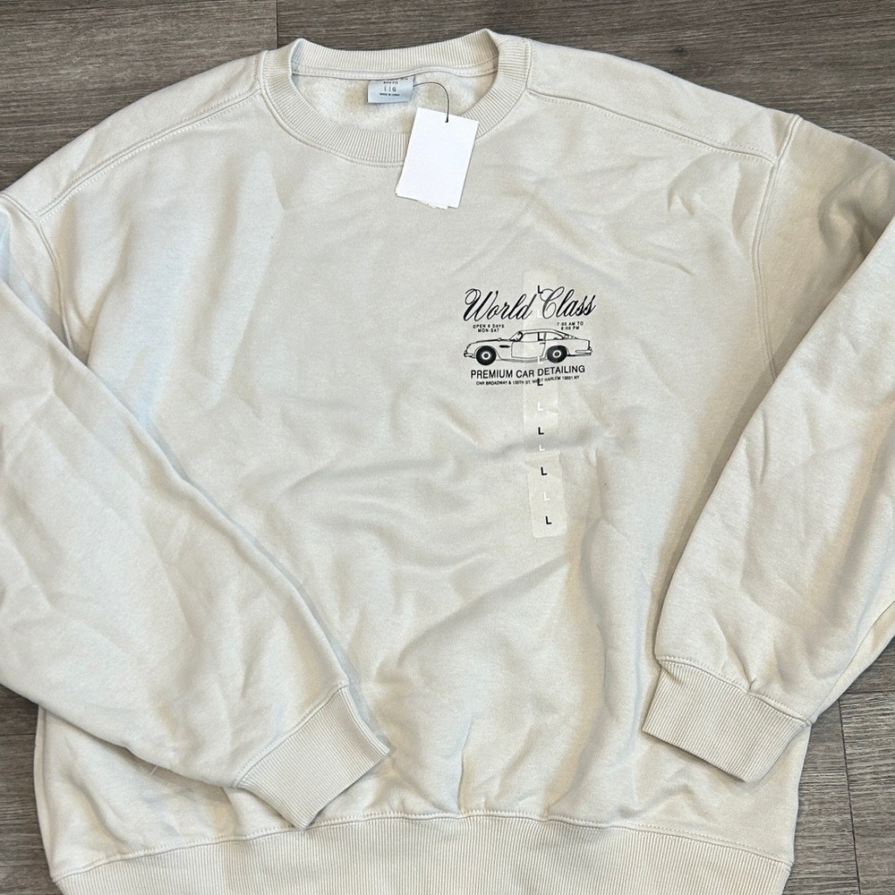 Cotton On World Class Car Detailing Graphic Crew Sweater Bone Mens Large NEW
